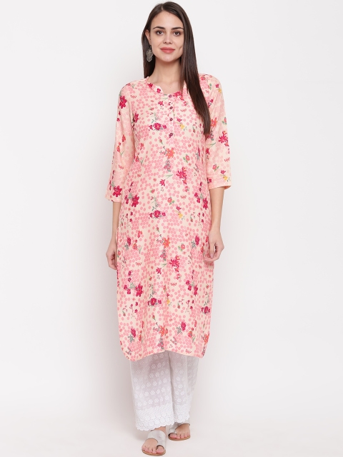 

Rangriti Women Peach-Coloured & Pink Printed Straight Kurta