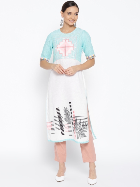 

Rangriti Women White & Blue Printed Straight Kurta