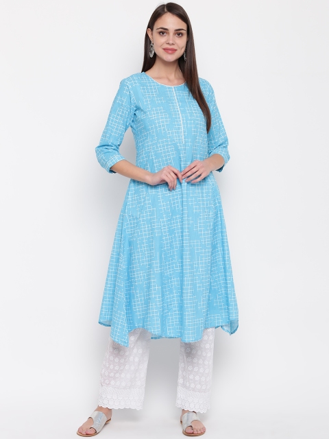 

Rangriti Women Blue & White Printed A-Line Kurta
