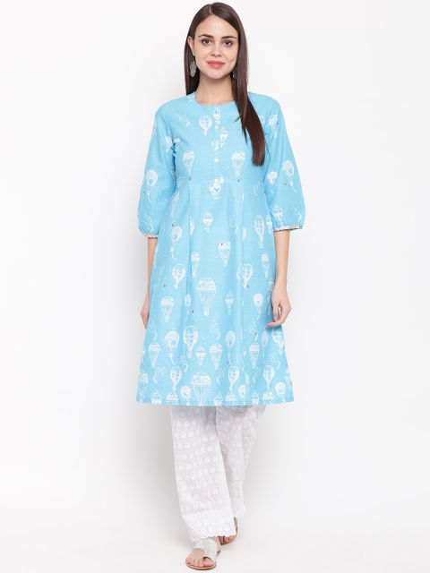 

Rangriti Women Blue & White Quirky Print A-Line Kurta