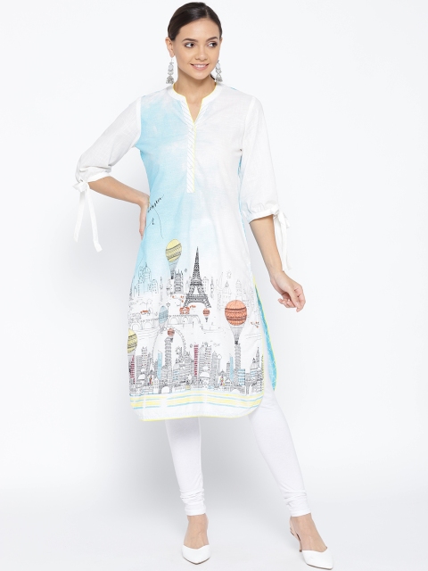 

Rangriti Women White & Blue Printed Straight Kurta