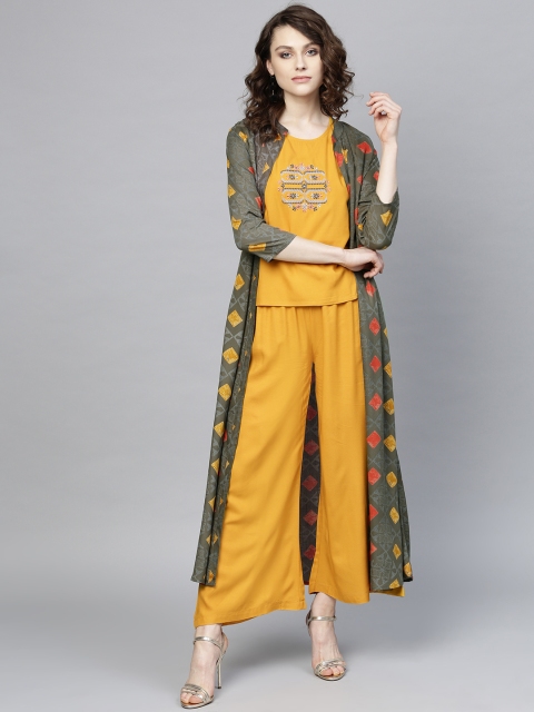 

Yufta Women Mustard Yellow & Grey Solid Top with Palazzos & Shrug