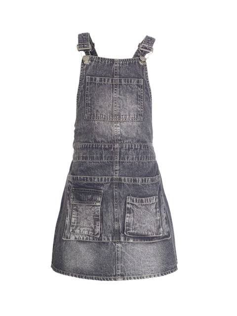

naughty ninos Girls Grey Solid Denim Pinafore Dress