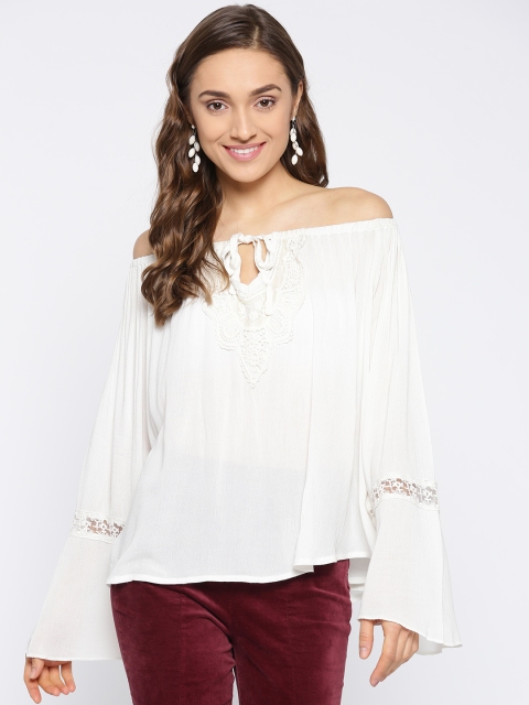

I AM FOR YOU Women Off-White Solid Semi-Sheer Bardot Top