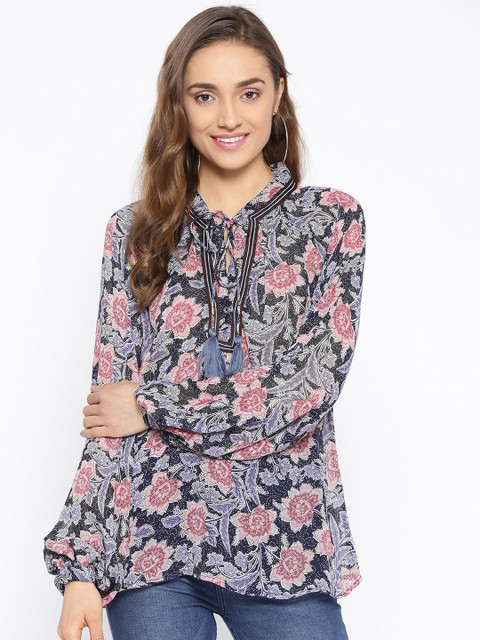 

I AM FOR YOU Women Navy Blue & Pink Printed Top