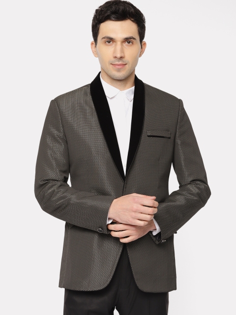 

Ethnix by Raymond Men Grey Self Design Tailored Fit Tuxedo Blazer