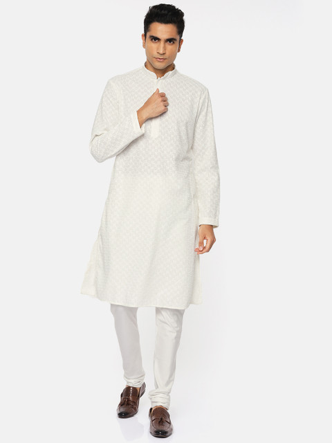 

Ethnix by Raymond Men White Self Design Kurta with Churidar