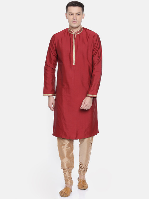 

Ethnix by Raymond Men Maroon & Gold-Toned Self Design Kurta with Churidar