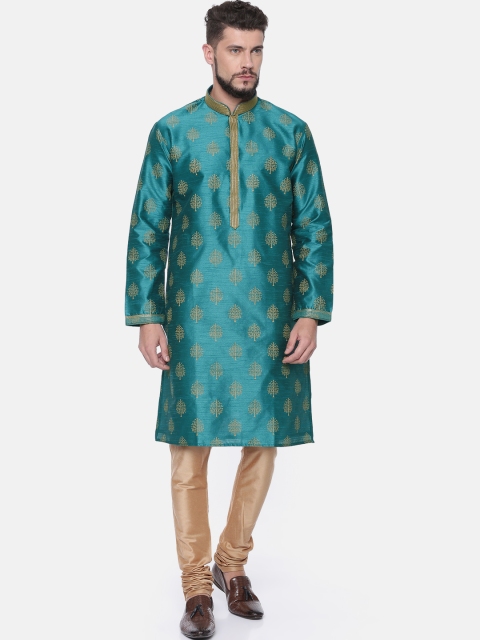 

Ethnix by Raymond Men Teal & Gold-Toned Printed Kurta with Churidar