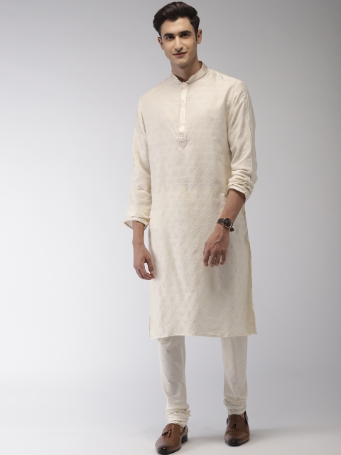 

Ethnix by Raymond Men Cream-Coloured Self Design Kurta with Churidar