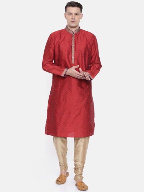 

Ethnix by Raymond Men Red & Copper-Toned Self Design Kurta with Churidar