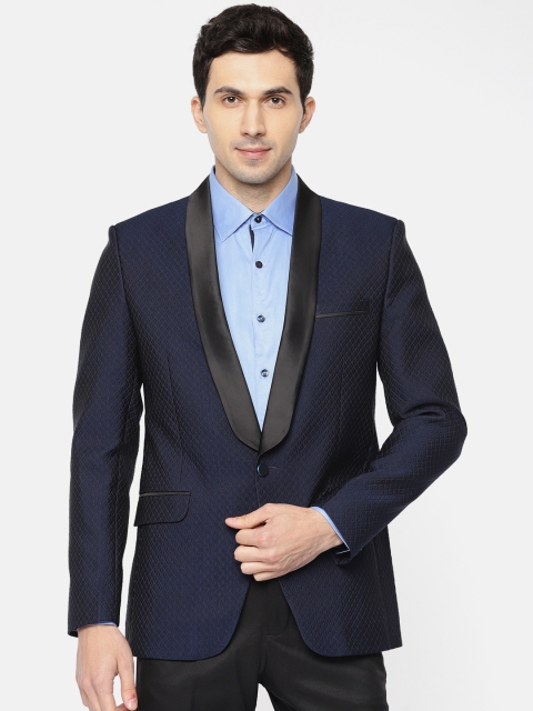 

Ethnix by Raymond Men Navy Blue Tailored Fit Self Design Tuxedo Blazer