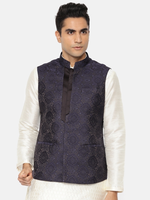 

Ethnix by Raymond Men Black and Blue Printed Nehru Jacket