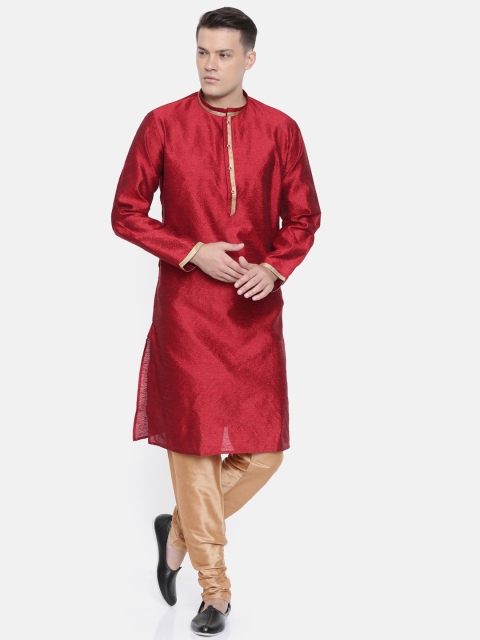 

Ethnix by Raymond Men Red & Bronze-Toned Self-Design Kurta with Churidar