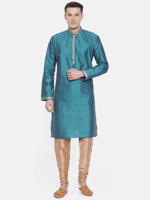 

Ethnix by Raymond Men Teal & Gold-Toned Self Design Kurta with Churidar