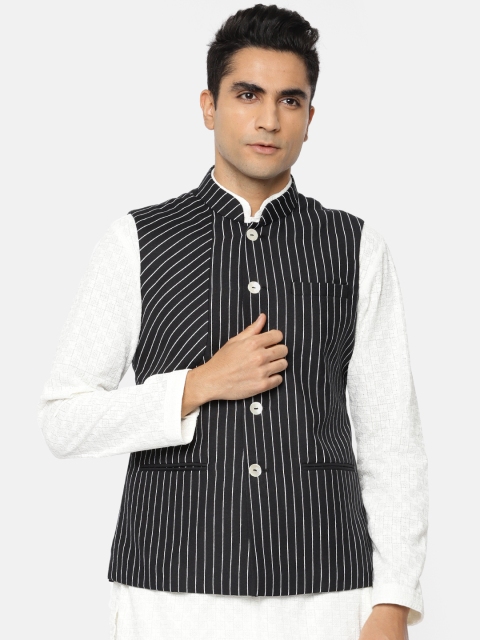 

Ethnix by Raymond Black White Striped Pure Cotton Nehru Jacket