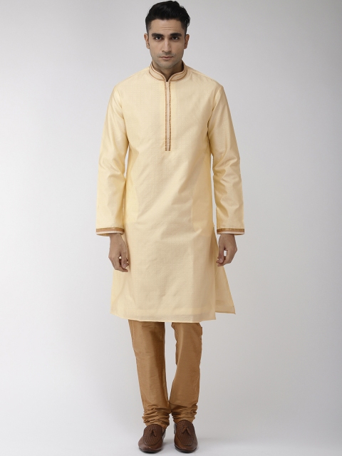 

Ethnix by Raymond Men Cream-Coloured & Camel Brown Self Design Kurta with Churidar