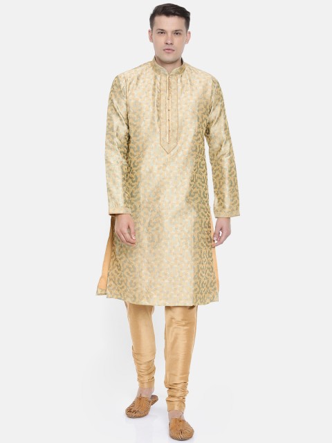 

Ethnix by Raymond Men Olive Green & Gold-Colouerdd Self Design Kurta With Churidar