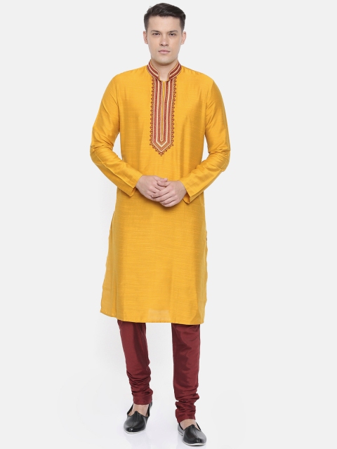 

Ethnix by Raymond Men Mustard Yellow & Maroon Kurta with Churidar