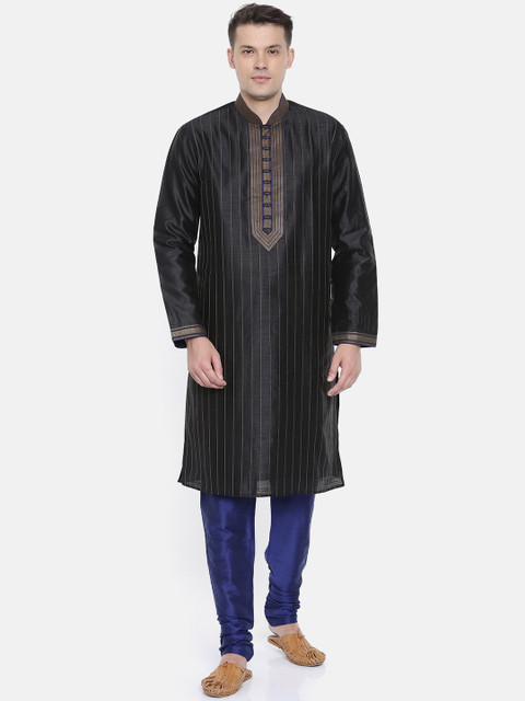 

Ethnix by Raymond Men Black & Blue Striped Kurta With Embroidery Detail & Churidar