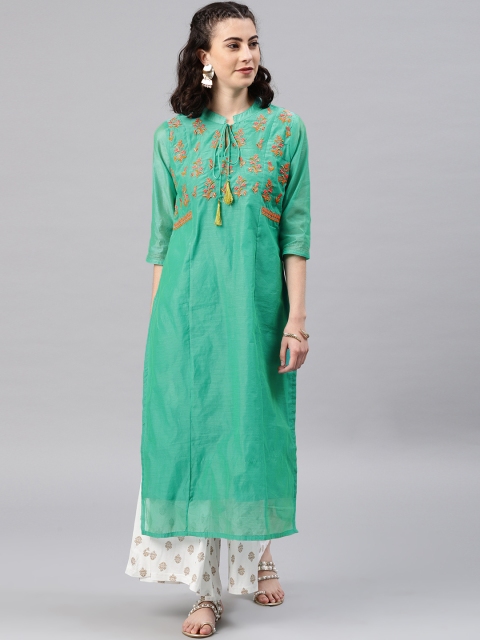 

Alena Women Green Yoke Design Straight Kurta