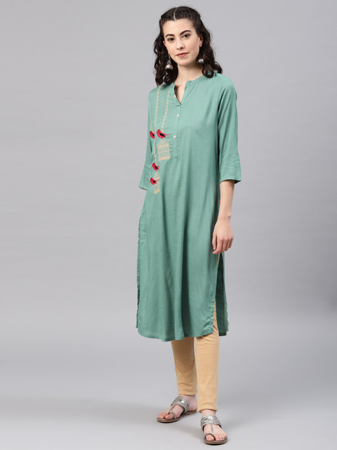 

Alena Women Green Embroidered Straight Kurta