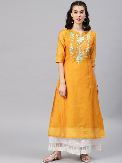 

Alena Women Mustard Yoke Design Straight Kurta