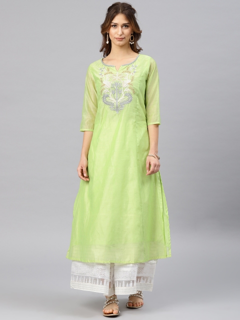 

Alena Women Lime Green Woven Design Straight Kurta