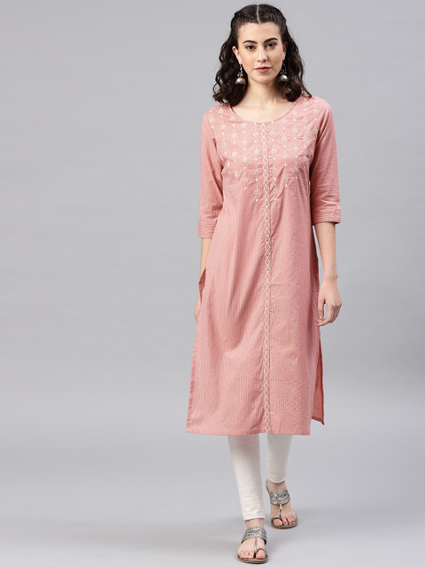 

Alena Women Peach-Coloured Striped Straight Kurta