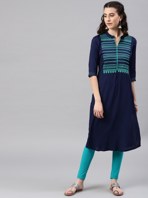 

Alena Women Navy Blue Yoke Design Straight Kurta