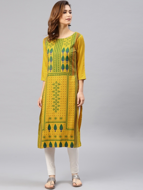 

Alena Women Mustard Yellow & Green Printed Straight Kurta