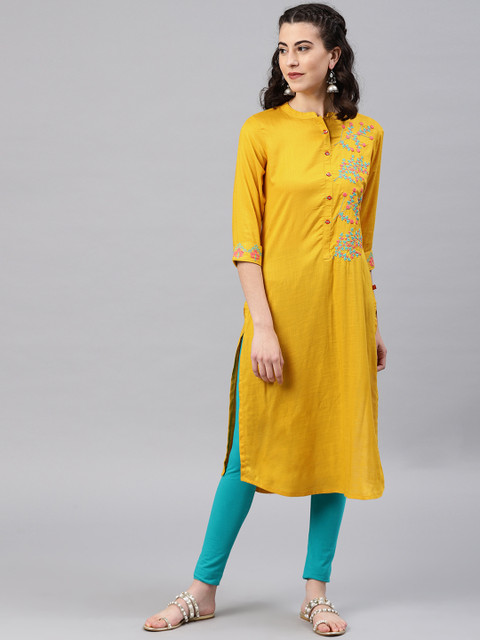 

Alena Women Mustard Yellow Floral Embroidered Straight Kurta