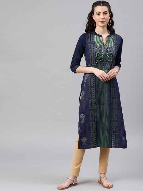 

Alena Women Navy Printed Straight Kurta, Navy blue