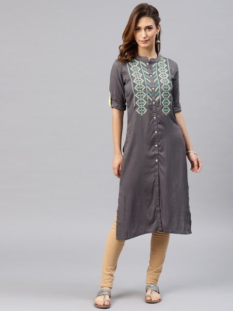

Alena Women Grey Embroidered Straight Kurta