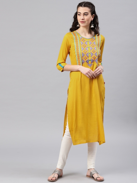 

Alena Women Mustard Yellow Embroidered Straight Kurta