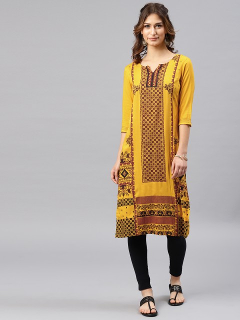 

Alena Women Mustard Yellow Printed Straight Kurta