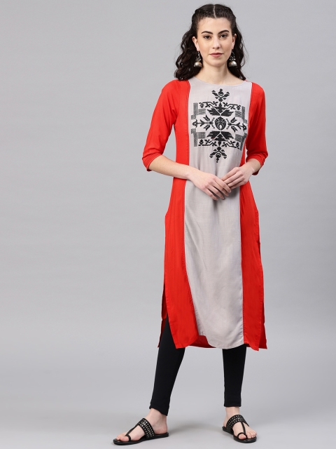 

Alena Women Grey & Orange Colourblocked Straight Kurta