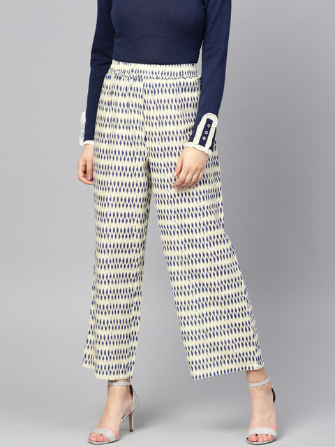 

Juniper Women Off-White & Navy Blue Printed Wide Leg Palazzos