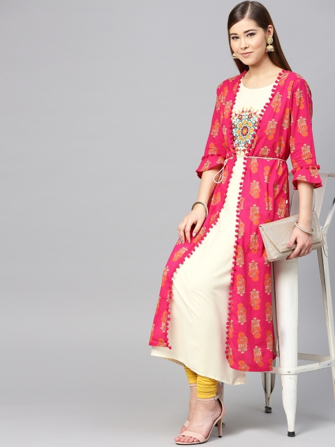

Juniper Women Fuchsia & Off-White Printed Layered A-Line Kurta