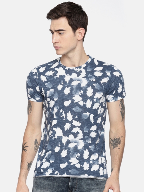 

Jack & Jones Men White & Navy Blue Printed Round Neck Slim Fit T-shirt