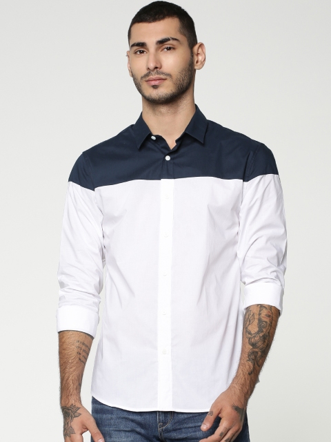 

Jack & Jones Men White & Navy Blue CORE Slim Fit Colourblocked Casual Shirt