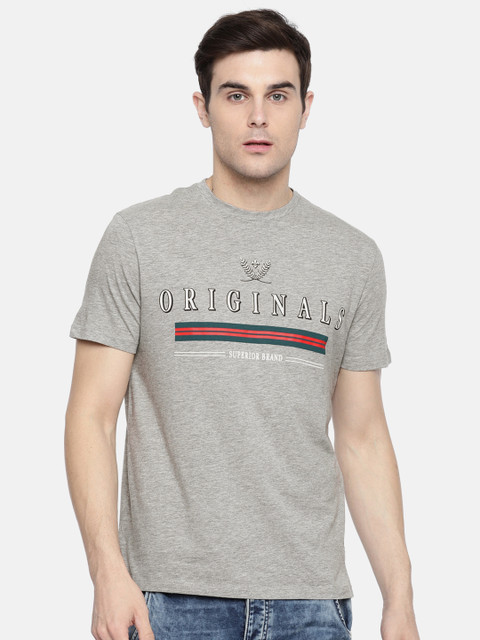 

Jack & Jones Men Grey Melange Printed Round Neck T-shirt