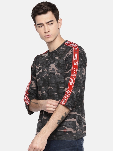 

Jack & Jones Men Charcoal Grey & Brown Printed Round Neck T-shirt