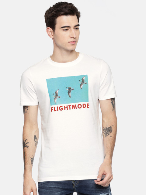 

Jack Jones Men White Printed Round Neck Slim Fit Pure Cotton T-shirt