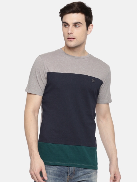 

Jack & Jones Men Grey & Navy Blue Colourblocked Round Neck T-shirt