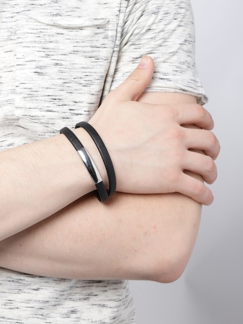 

UNKNOWN by Ayesha Black Wrap-Around Metallic Trim Black Leather Bracelet