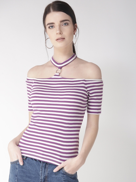 

Madame Women Purple & White Striped Bardot Top