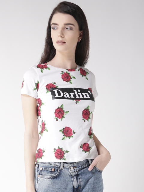 

Madame Women White & Red Printed Round Neck T-shirt