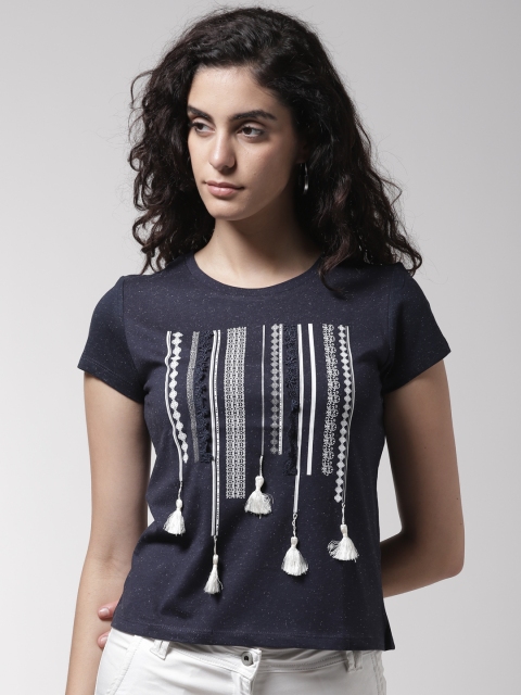 

Madame Women Navy Blue & White Striped Round Neck T-shirt