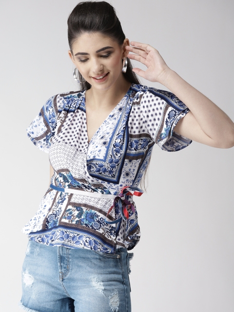 

Madame Women White & Blue Printed Wrap Top